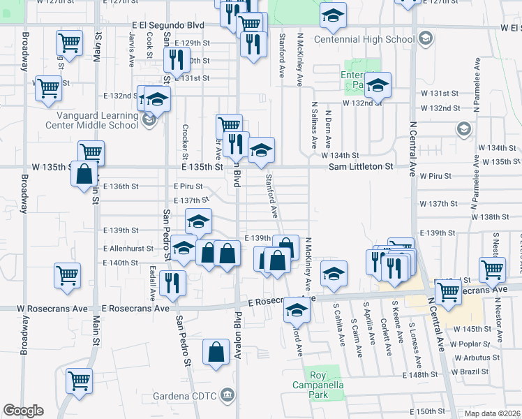 map of restaurants, bars, coffee shops, grocery stores, and more near 638 East 137th Street in Los Angeles