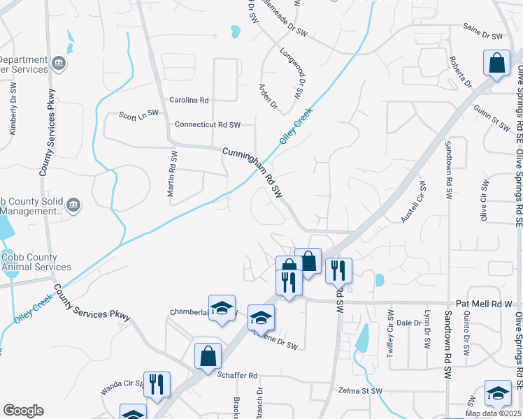 map of restaurants, bars, coffee shops, grocery stores, and more near 1714 Bertram Lane Southwest in Marietta