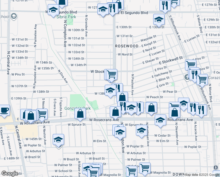 map of restaurants, bars, coffee shops, grocery stores, and more near 810 West 137th Street in Compton