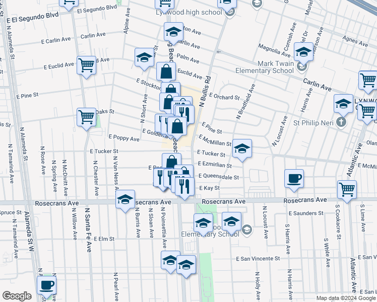 map of restaurants, bars, coffee shops, grocery stores, and more near 1709 North Bullis Road in Compton