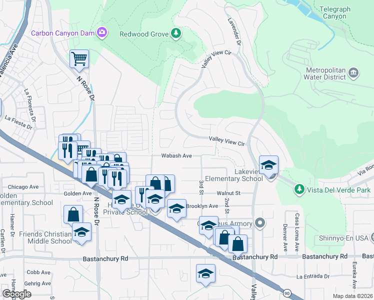 map of restaurants, bars, coffee shops, grocery stores, and more near 17160 Fremont Lane in Yorba Linda