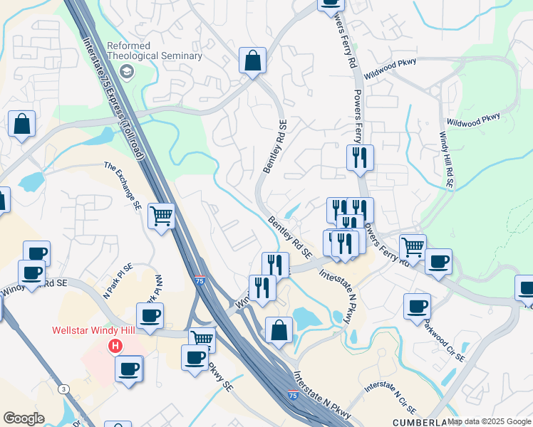 map of restaurants, bars, coffee shops, grocery stores, and more near 1901 Kimberly Village Lane in Marietta