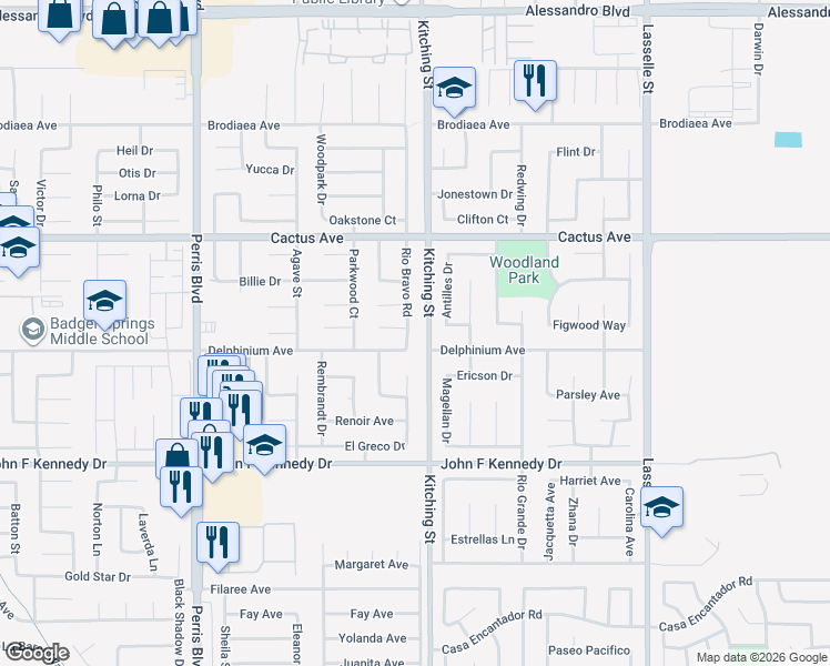 map of restaurants, bars, coffee shops, grocery stores, and more near 14686 Rio Bravo Road in Moreno Valley