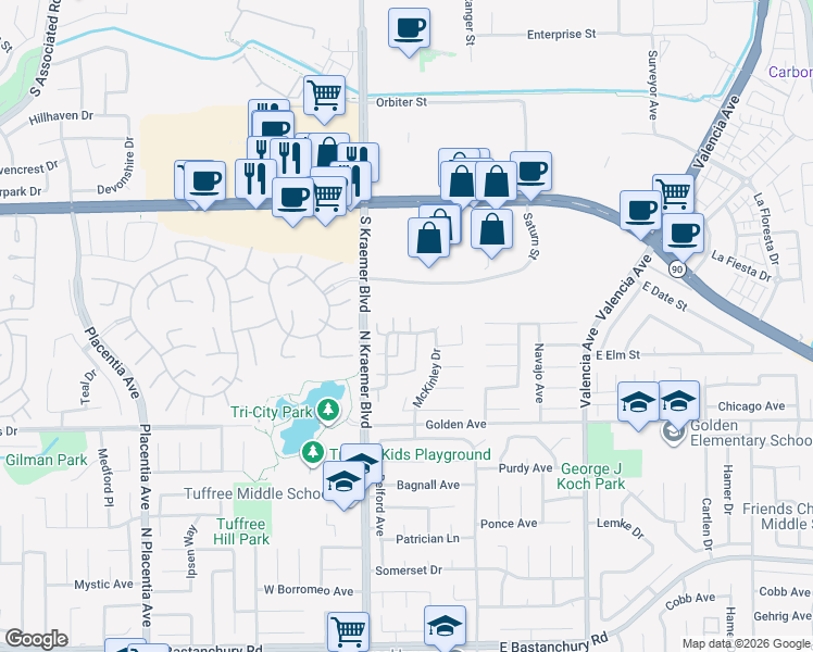 map of restaurants, bars, coffee shops, grocery stores, and more near 2496 Arrow Circle in Placentia