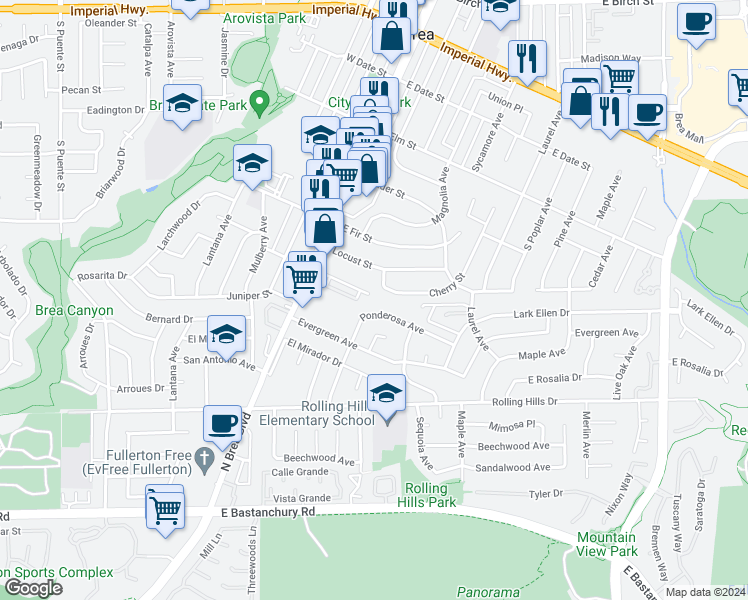map of restaurants, bars, coffee shops, grocery stores, and more near 319 Cherry Street in Brea