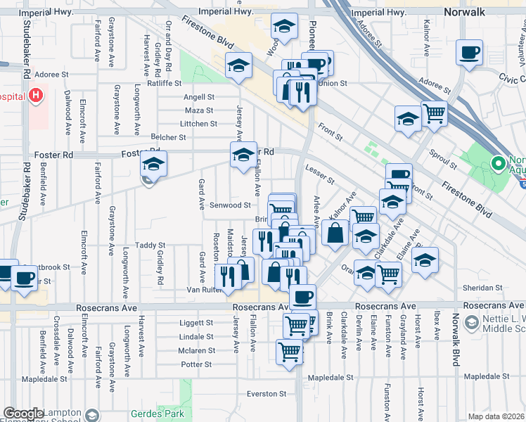map of restaurants, bars, coffee shops, grocery stores, and more near 13635 Alburtis Avenue in Norwalk