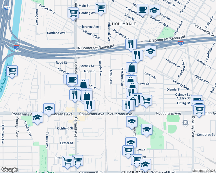 map of restaurants, bars, coffee shops, grocery stores, and more near 13955 Arthur Avenue in Paramount