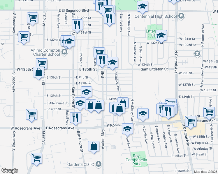 map of restaurants, bars, coffee shops, grocery stores, and more near 621 East 137th Street in Los Angeles