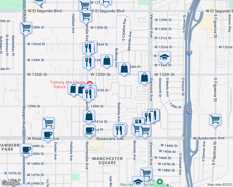 map of restaurants, bars, coffee shops, grocery stores, and more near 13628 Budlong Avenue in Gardena