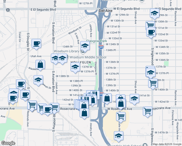 map of restaurants, bars, coffee shops, grocery stores, and more near 5305 West 137th Place in Hawthorne