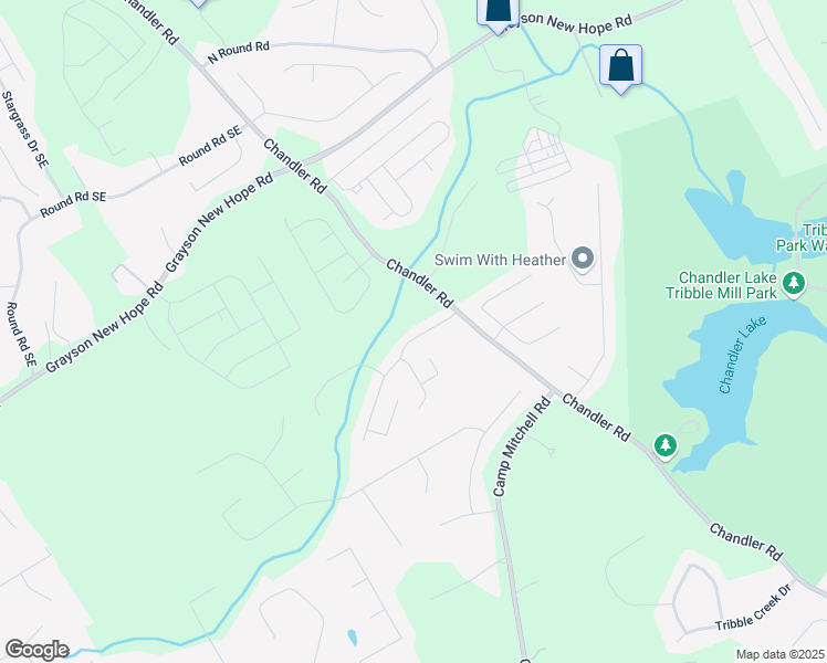 map of restaurants, bars, coffee shops, grocery stores, and more near 460 Chandler Bluff Court Southeast in Grayson