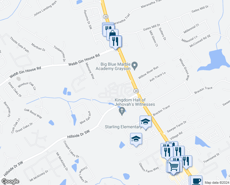 map of restaurants, bars, coffee shops, grocery stores, and more near 1555 Grayson Highway in Grayson