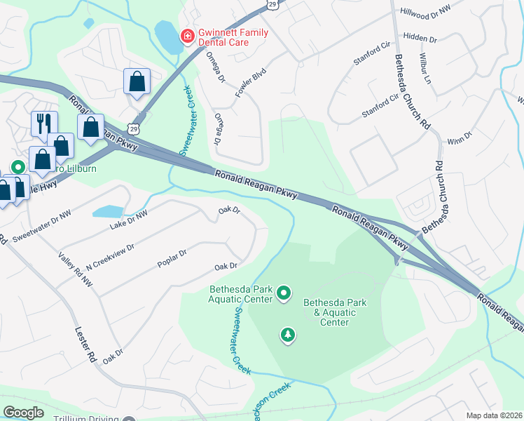 map of restaurants, bars, coffee shops, grocery stores, and more near 3144 Oak Drive in Lawrenceville