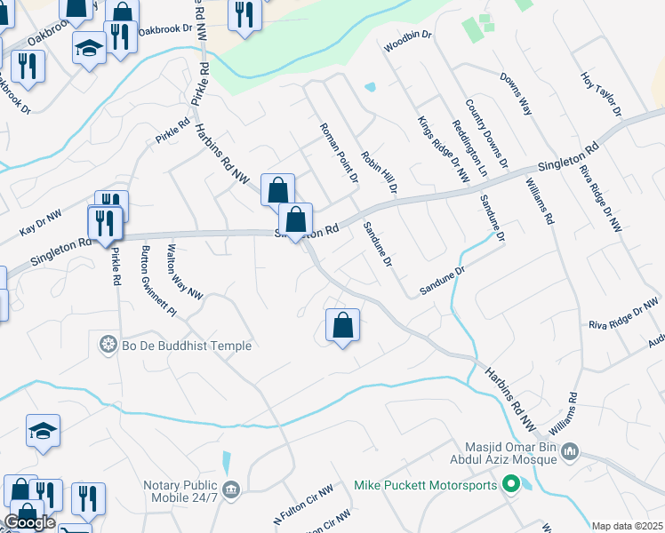 map of restaurants, bars, coffee shops, grocery stores, and more near 5615 Rock Place Court in Norcross