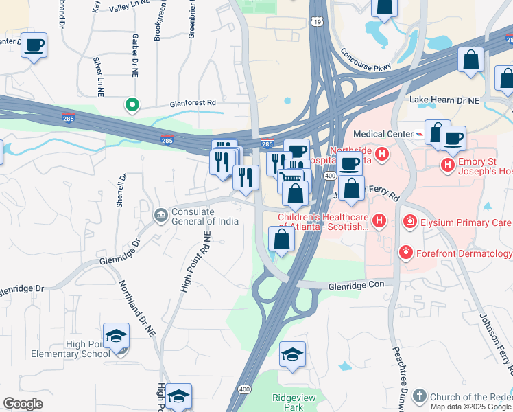 map of restaurants, bars, coffee shops, grocery stores, and more near 800 Johnson Ferry Road in Sandy Springs