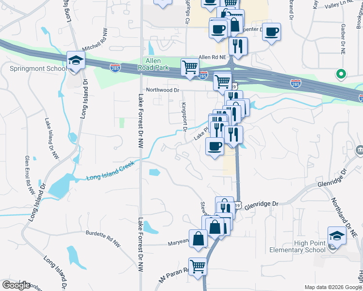 map of restaurants, bars, coffee shops, grocery stores, and more near 5673 Peachtree Dunwoody Road Northeast in Atlanta
