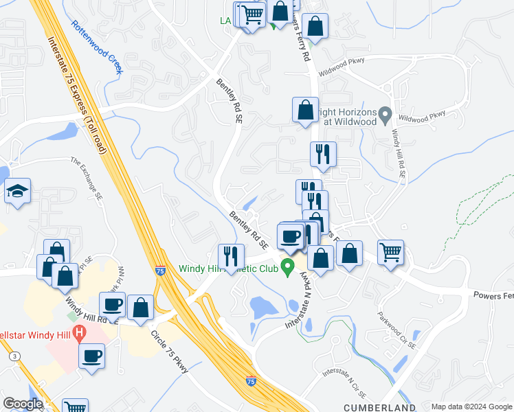 map of restaurants, bars, coffee shops, grocery stores, and more near 1978 Kimberly Village Lane Southeast in Marietta