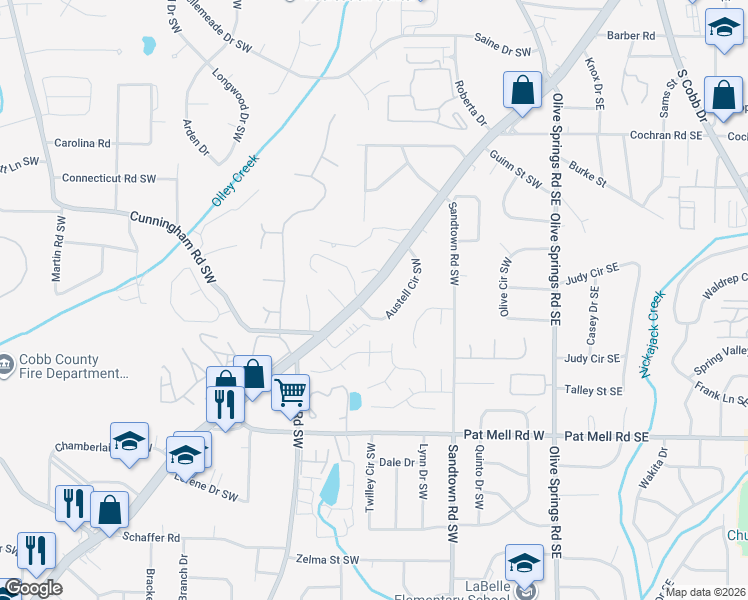 map of restaurants, bars, coffee shops, grocery stores, and more near 1877 Austell Road Southwest in Marietta