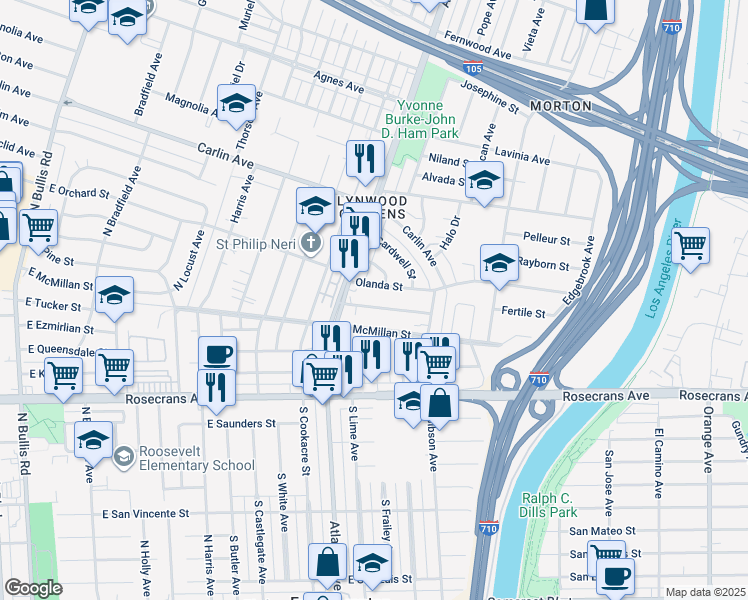 map of restaurants, bars, coffee shops, grocery stores, and more near 4539 Arlington Avenue in Lynwood