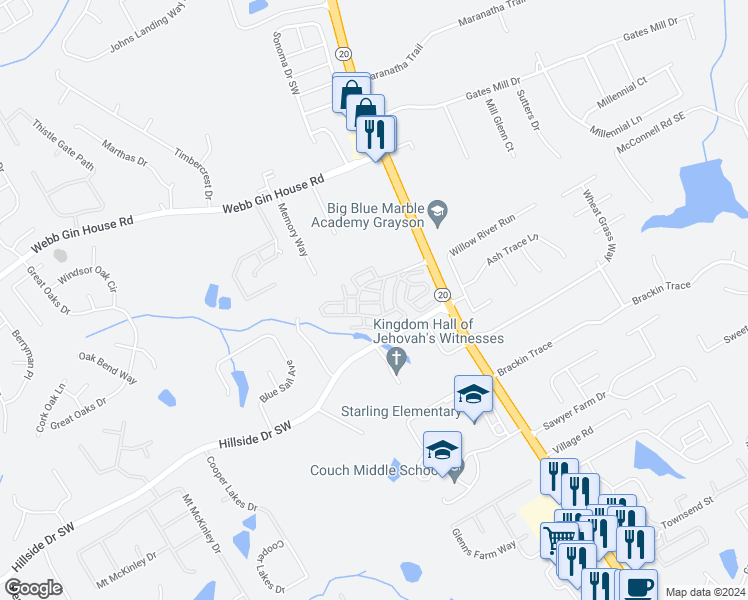 map of restaurants, bars, coffee shops, grocery stores, and more near 1555 Grayson Highway in Grayson