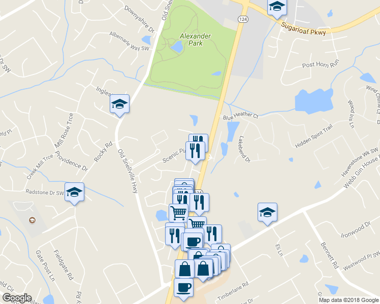 map of restaurants, bars, coffee shops, grocery stores, and more near Scenic Pines Drive in Lawrenceville