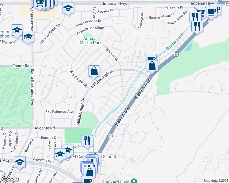 map of restaurants, bars, coffee shops, grocery stores, and more near 16303 Driftwood Court in La Mirada