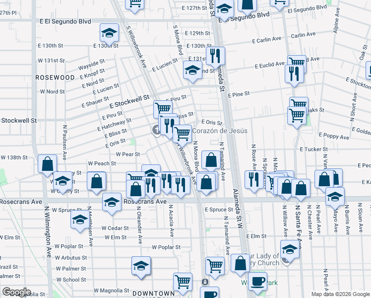 map of restaurants, bars, coffee shops, grocery stores, and more near 1610 North Willowbrook Avenue in Compton