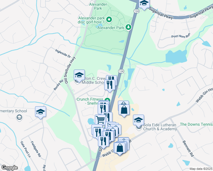 map of restaurants, bars, coffee shops, grocery stores, and more near Scenic View Trace in Lawrenceville
