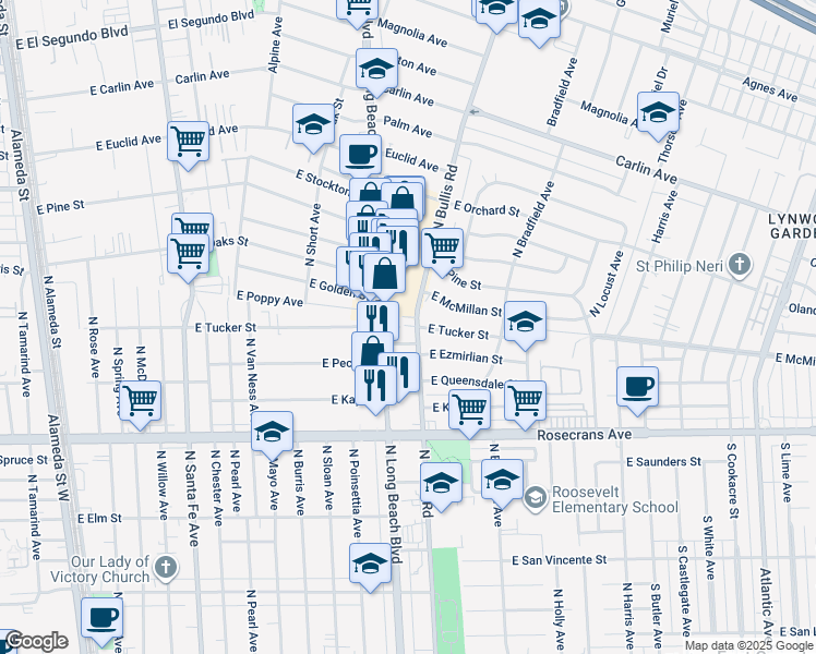 map of restaurants, bars, coffee shops, grocery stores, and more near 1709 North Bullis Road in Compton