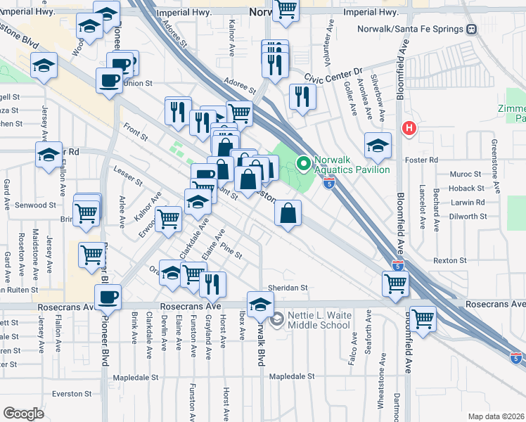 map of restaurants, bars, coffee shops, grocery stores, and more near 12211 Front Street in Norwalk