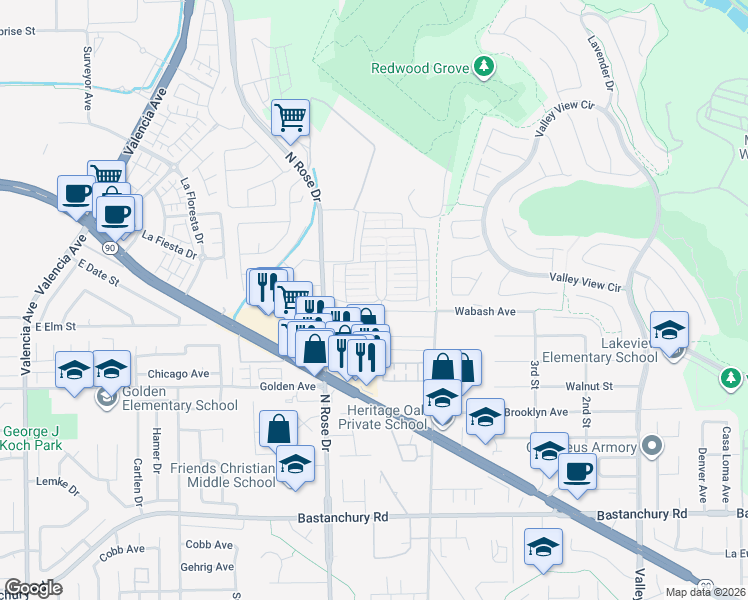 map of restaurants, bars, coffee shops, grocery stores, and more near 3761 Lake Wood Drive in Yorba Linda