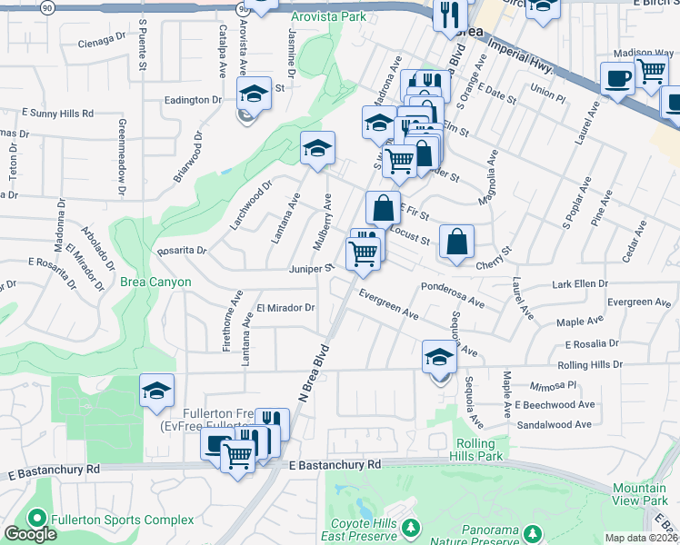 map of restaurants, bars, coffee shops, grocery stores, and more near 824 South Walnut Avenue in Brea