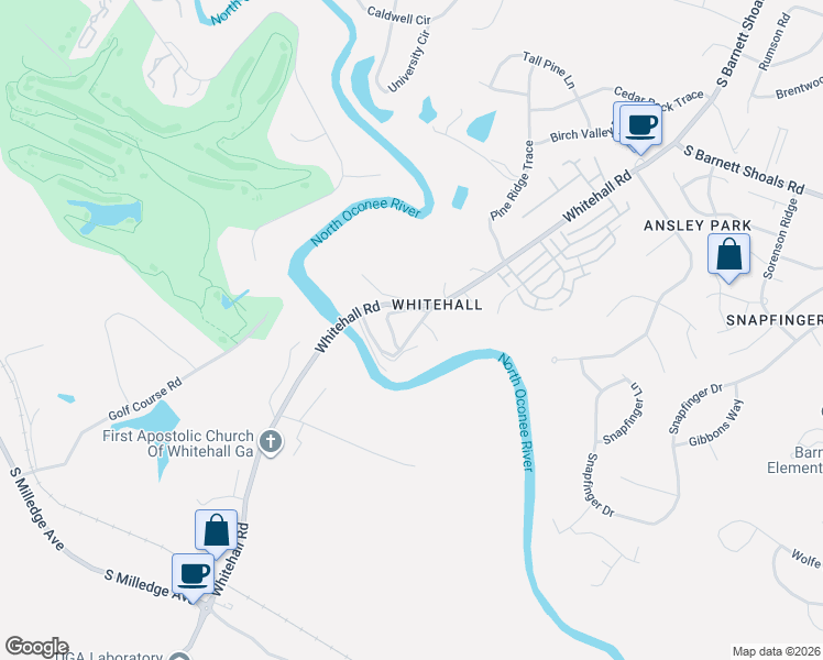 map of restaurants, bars, coffee shops, grocery stores, and more near 117 White Circle in Athens