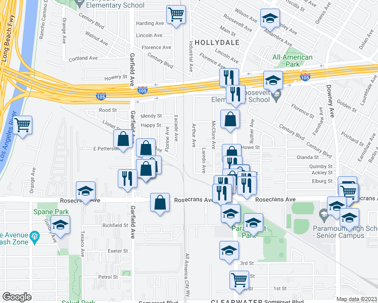 map of restaurants, bars, coffee shops, grocery stores, and more near 14005 Arthur Avenue in Paramount