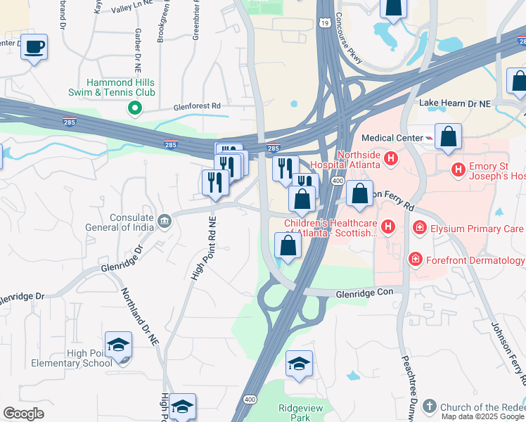map of restaurants, bars, coffee shops, grocery stores, and more near 780 Johnson Ferry Road in Atlanta