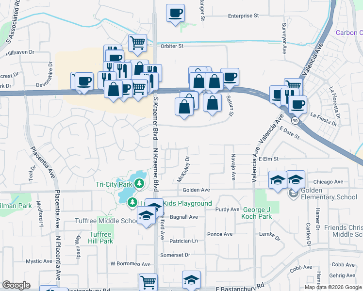 map of restaurants, bars, coffee shops, grocery stores, and more near 301 Blueridge Drive in Placentia