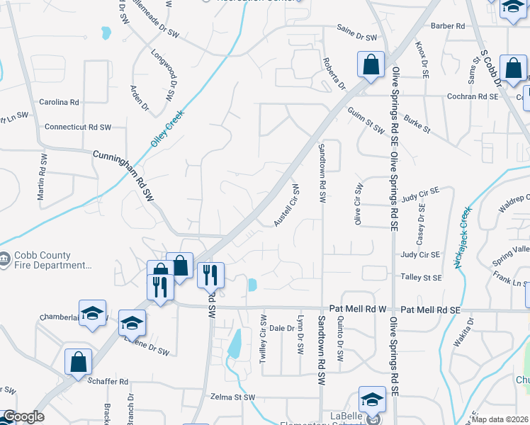 map of restaurants, bars, coffee shops, grocery stores, and more near 1877 Austell Road Southwest in Marietta