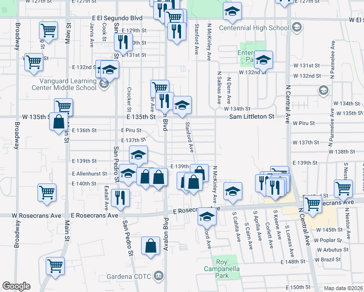 map of restaurants, bars, coffee shops, grocery stores, and more near 638 East 137th Street in Los Angeles