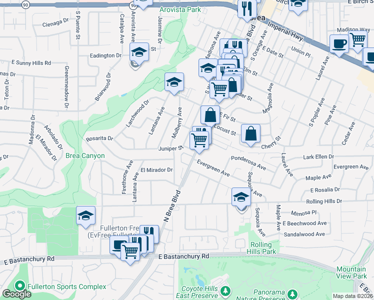 map of restaurants, bars, coffee shops, grocery stores, and more near 114 Juniper Street in Brea