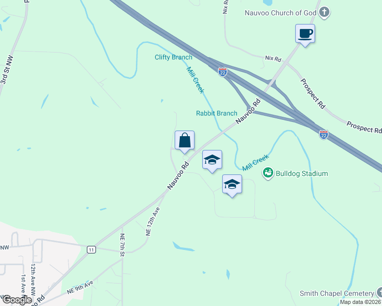 map of restaurants, bars, coffee shops, grocery stores, and more near 2103 Nauvoo Road in Carbon Hill