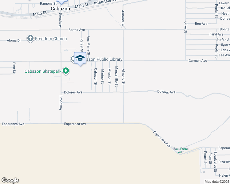 map of restaurants, bars, coffee shops, grocery stores, and more near Dolores Avenue in Cabazon