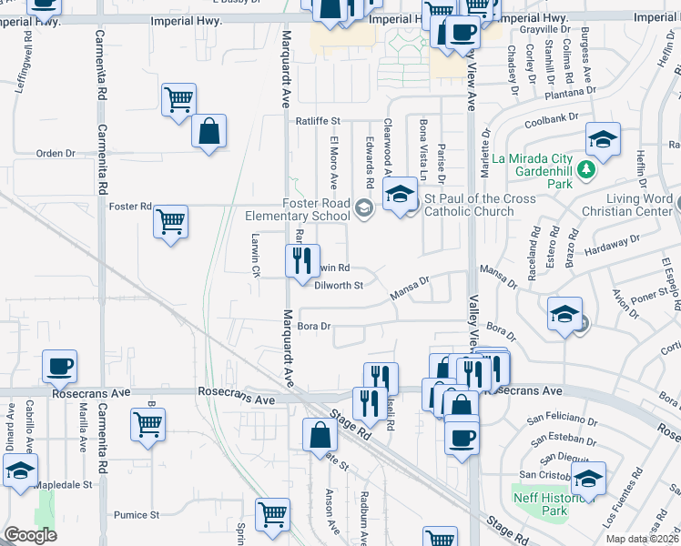 map of restaurants, bars, coffee shops, grocery stores, and more near 13870 Larwin Road in La Mirada