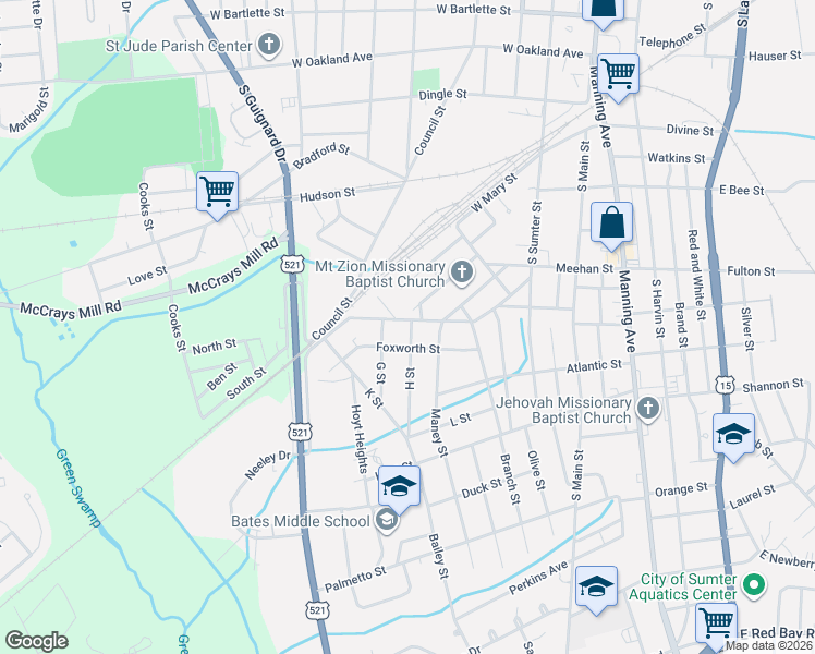map of restaurants, bars, coffee shops, grocery stores, and more near 229 West Williams Street in Sumter
