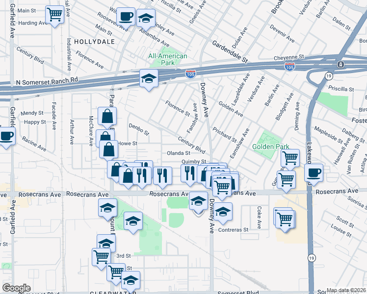 map of restaurants, bars, coffee shops, grocery stores, and more near 8318 Howe Street in Paramount