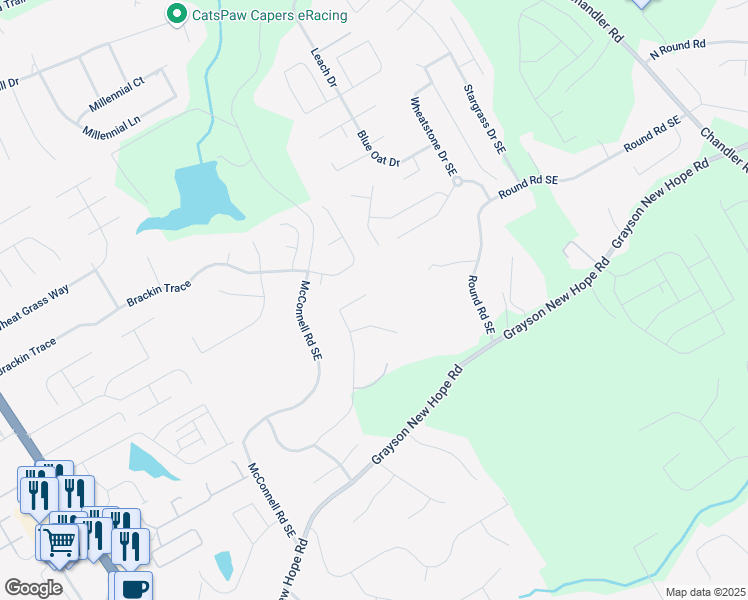 map of restaurants, bars, coffee shops, grocery stores, and more near 10 Leighs Grove Way in Grayson