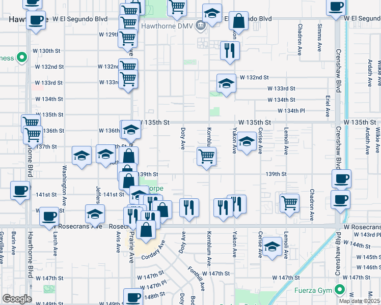 map of restaurants, bars, coffee shops, grocery stores, and more near 13620 Doty Avenue in Hawthorne
