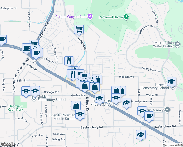 map of restaurants, bars, coffee shops, grocery stores, and more near 3761 Lake Glen Drive in Yorba Linda