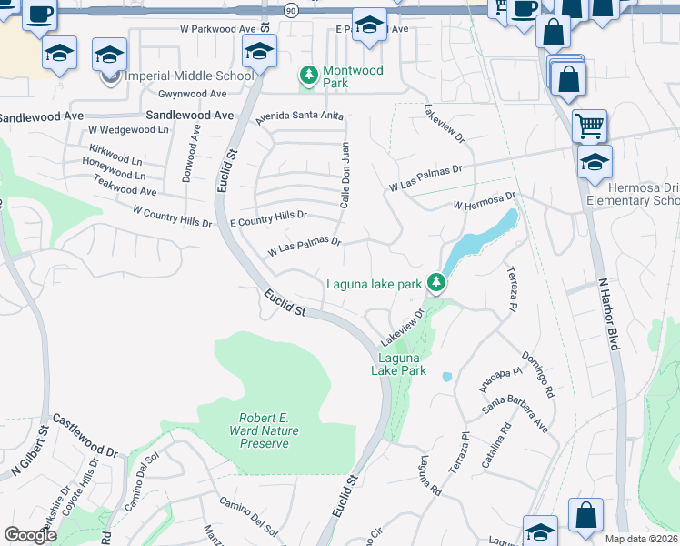 map of restaurants, bars, coffee shops, grocery stores, and more near 3116 La Sombra Way in Fullerton