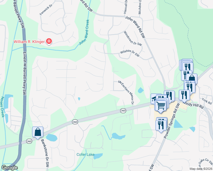map of restaurants, bars, coffee shops, grocery stores, and more near 1809 Walker Ridge Drive Southwest in Marietta