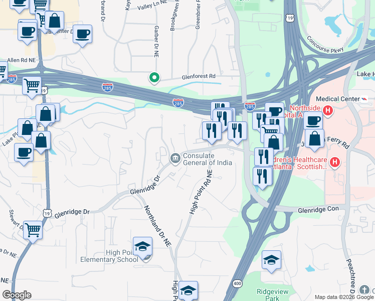 map of restaurants, bars, coffee shops, grocery stores, and more near 5600 Glenridge Drive Northeast in Atlanta